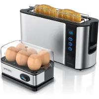 Arendo ontbijtset, 2-delig, bestaande uit:* 2-sleuf broodrooster FRUKOST, 1000 W, 6 bruiningsgraden.* Eierkoker SIXCOOK, 400 W, geschikt voor 6 eieren, met ontdooifunctie.Keukenapparatuurset in zilver