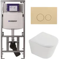 Geberit QeramiQ Dely Toiletset - 36.3x51.7cm - diepspoel - rimless - UP320 inbouwreservoir - softclose toilet zitting 35 mm - bedieningsplaat beige - ronde knoppen - mat wit