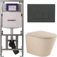 Geberit QeramiQ Dely Toiletset - 36.3x51.7cm - diepspoel - rimless - UP320 inbouwreservoir - softclose toilet zitting - 35mm - bedieningsplaat antraciet mat - rechthoekige knoppen - mat beige