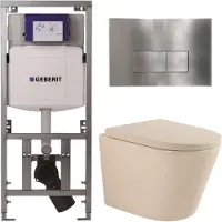 Geberit QeramiQ Dely Toiletset - 36.3x51.7cm - diepspoel - rimless - UP320 inbouwreservoir - softclose toilet zitting 35 mm - steel bedieningsplaat - rechthoekige knoppen - mat beige