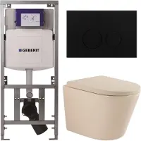 Geberit QeramiQ Dely Toiletset - 36.3x51.7cm - diepspoel - rimless - UP320 inbouwreservoir - softclose toilet zitting 35 mm - metaal mat zwarte bedieningsplaat - ronde knoppen - mat beige