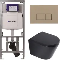 Geberit QeramiQ Dely Toiletset - 36.3x51.7cm - diepspoel - rimless - UP320 inbouwreservoir - softclose toilet zitting 35 mm - bedieningsplaat taupe - rechthoekige knoppen - mat zwart