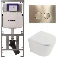 Geberit QeramiQ Dely Toiletset - 36.3x51.7cm - diepspoel - rimless - UP320 inbouwreservoir - softclose toilet zitting 35 mm - geborsteld messing bedieningsplaat - ronde knoppen - mat wit