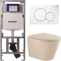 Geberit QeramiQ Dely Toiletset - UP320 inbouwreservoir - met Burda frame - witte bedieningsplaat - softclose toilet zitting 35 mm - mat beige SW1000764/SW1000771/0701131/0700518