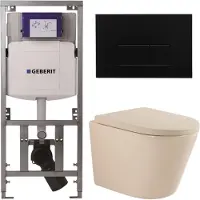 Geberit QeramiQ Dely Toiletset - 36.3x51.7cm - diepspoel - rimless - UP320 inbouwreservoir - softclose toilet zitting 35 mm - kunstof mat zwarte bedieningsplaat - rechthoekige knoppen - mat beige