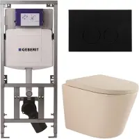 Geberit QeramiQ Dely Toiletset - 36.3x51.7cm - diepspoel - rimless - UP320 inbouwreservoir - softclose toilet zitting 35 mm - kunststof mat zwarte bedieningsplaat - ronde knoppen - mat beige