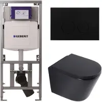 Geberit QeramiQ Dely Toiletset - 36.3x51.7cm - diepspoel - rimless - UP320 inbouwreservoir - softclose toilet zitting 35 mm - metaal mat zwarte bedieningsplaat - ronde knoppen - mat zwart