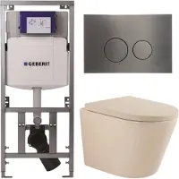 Geberit QeramiQ Dely Toiletset - 36.3x51.7cm - diepspoel - rimless - UP320 inbouwreservoir - softclose toilet zitting 35 mm - gunmetal bedieningsplaat - ronde knoppen - mat beige