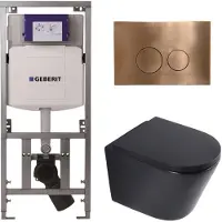 Geberit QeramiQ Dely Toiletset - 36.3x51.7cm - diepspoel - rimless - UP320 inbouwreservoir - softclose toilet zitting 35 mm - koperen bedieningsplaat - ronde knoppen - mat zwart