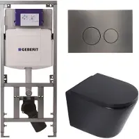 Geberit QeramiQ Dely Toiletset - 36.3x51.7cm - diepspoel - rimless - UP320 inbouwreservoir - softclose toilet zitting 35 mm - gunmetal bedieningsplaat - ronde knoppen - mat zwart