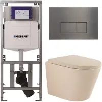 Geberit QeramiQ Dely Toiletset - 36.3x51.7cm - diepspoel - rimless - UP320 inbouwreservoir - softclose toilet zitting 35 mm - gunmetal bedieningsplaat - rechthoekige knoppen - mat beige