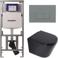 Geberit QeramiQ Dely Toiletset - 36.3x51.7cm - diepspoel - rimless - UP320 inbouwreservoir - softclose toilet zitting 35 mm - bedieningsplaat licht grijs - rechthoekige knoppen - mat zwart