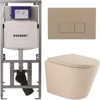 Geberit QeramiQ Dely Toiletset - 36.3x51.7cm - diepspoel - rimless - UP320 inbouwreservoir - softclose toilet zitting 35 mm - bedieningsplaat taupe - rechthoekige knoppen - mat beige
