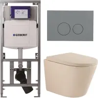 Geberit QeramiQ Dely Toiletset - 36.3x51.7cm - diepspoel - rimless - UP320 inbouwreservoir - softclose toilet zitting 35 mm - bedieningsplaat licht grijs - ronde knoppen - mat beige