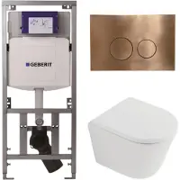 Geberit QeramiQ Dely Toiletset - 36.3x51.7cm - diepspoel - rimless - UP320 inbouwreservoir - softclose toilet zitting 35 mm - koperen bedieningsplaat - ronde knoppen - mat wit