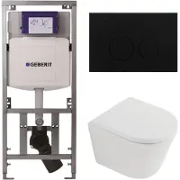 Geberit QeramiQ Dely Toiletset - 36.3x51.7cm - diepspoel - rimless - UP320 inbouwreservoir - softclose toilet zitting 35 mm - metaal mat zwarte bedieningsplaat - ronde knoppen - mat wit