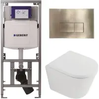 Geberit QeramiQ Dely Toiletset - 36.3x51.7cm - diepspoel - rimless - UP320 inbouwreservoir - softclose toilet zitting 35 mm - geborsteld messing bedieningsplaat - rechthoekige knoppen - mat wit