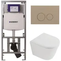 Geberit QeramiQ Dely Toiletset - 36.3x51.7cm - diepspoel - rimless - UP320 inbouwreservoir - softclose toilet zitting 35 mm - bedieningsplaat taupe - ronde knoppen - mat wit