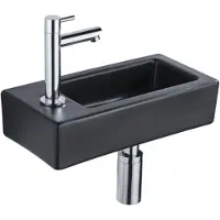 Qeramiq Fuente Fonteinset - 37.5x18.5x9cm - keramiek - kraangat links - fonteinkraan chroom - afvoerplug - verlaagd sifon - Mat Zwart SW1122451/SW696209/SW696219/SW696234
