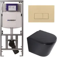 Geberit QeramiQ Dely Toiletset - 36.3x51.7cm - diepspoel - rimless - UP320 inbouwreservoir - softclose toilet zitting - 35mm - bedieningsplaat beige - rechthoekige knoppen - mat zwart