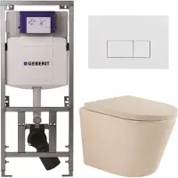 Geberit QeramiQ Dely Toiletset - 36.3x51.7cm - diepspoel - rimless - UP320 inbouwreservoir - softclose toilet zitting - 35mm - glans witte bedieningsplaat - rechthoekige knoppen - mat beige