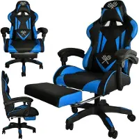 Sans marque Deluxe Game Stoel Zwart/Blauw - Gaming Stoel - Gaming Bureaustoel - Verstelbaar Kussen - Uitschuifbare Voetensteun