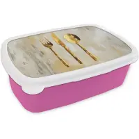 MuchoWow Broodtrommel Roze - Lunchbox Verf - Goud - Bestek - Brooddoos 18x12x6 cm - Brood lunch box - Broodtrommels voor kinderen en volwassenen