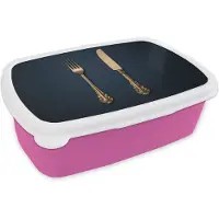 MuchoWow Broodtrommel Roze - Lunchbox Bestek - Donkerblauw - Goud - Brooddoos 18x12x6 cm - Brood lunch box - Broodtrommels voor kinderen en volwassenen