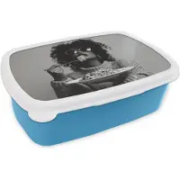 MuchoWow Broodtrommel Blauw - Lunchbox Vrouw - Pasta - Zwart - Wit - Brooddoos 18x12x6 cm - Brood lunch box - Broodtrommels voor kinderen en volwassenen