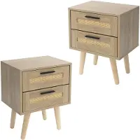 ML-Design Nachtkastje set van 2 40x50,5x30 cm eiken bijzettafel met 2 laden en rotan front & massief houten poten ML design
