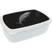 MuchoWow Broodtrommel Wit - Lunchbox Makreel - Vis - Zwart - Brooddoos 18x12x6 cm - Brood lunch box - Broodtrommels voor kinderen en volwassenen