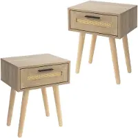 ML-Design Nachtkastje set van 2 40x50,5x30 cm eiken bijzettafel met rotan front & massief houten poten ML design