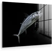 MuchoWow Glasschilderij 80x60 cm - Schilderij acrylglas - Makreel - Vis - Zwart - Foto op glas - Muurdecoratie woonkamer - Wanddecoratie slaapkamer - Schilderijen