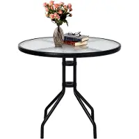 Costway Tuintafel met tafelblad van gehard glas, 70 x 70 x 71 cm, terrastafel met parasolgat en metalen frame, ronde balkontafel, outdoor-eettafel voor binnenplaats, terras, tuin