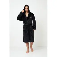 Aruelle Luxe badjas heren – zwarte badjas met capuchon – borst borduring van kroon - herenbadjas zacht – luxury bathrobe – 100% fleece – maat M