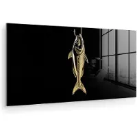 MuchoWow Glasschilderij 120x60 cm - Schilderij acrylglas - Goud - Vis - Haak - Zwart - Foto op glas - Muurdecoratie woonkamer - Wanddecoratie slaapkamer - Schilderijen