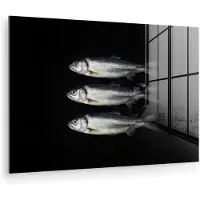 MuchoWow Glasschilderij 90x60 cm - Schilderij acrylglas - Haring - Vissen - Zwart - Foto op glas - Muurdecoratie woonkamer - Wanddecoratie slaapkamer - Schilderijen