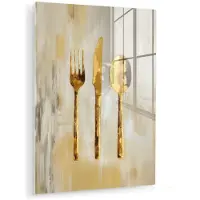 MuchoWow Glasschilderij 30x40 cm - Schilderij acrylglas - Verf - Goud - Bestek - Foto op glas - Muurdecoratie woonkamer - Wanddecoratie slaapkamer - Schilderijen