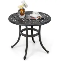 Costway Bijzettafel van gegoten aluminium, 60 x 60 x 53 cm, weerbestendige balkontafel met verstelbare voetkussens, ronde tuintafel voor tuin, achtertuin, balkon, antiek bruin