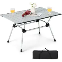 Costway Campingtafel, opvouwbaar, in hoogte verstelbare vouwtafel met aluminium tafelblad, klaptafel, tuintafel met oprolbaar tafelblad, incl. draagtas, 90 x 60,5 x 52 cm, zilver