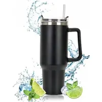 Ilso Travel Mug Zwart - Drinkbeker to go - RVS thermosbeker met handvat en rietje - Koffiebeker - Thermosfles - 1.2 Liter - Warm en koud