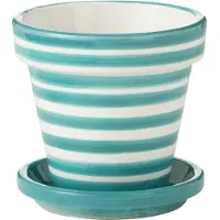 J-Line Flowerpot+plate granada stripes handmade+painted ceramic aqua small
