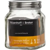 Ritzenhoff & Breker Voorraadpot "VIO", vierkant, 0,9 liter, van glas, met roestvrijstalen schroefdeksel, Opbergblikken, Transparant