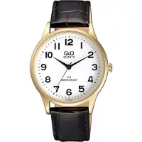 Q&Q C214J104Y - Horloge - Analoog - Heren - Mannen - Leren band - Rond - Staal - Cijfers - Zwart - Goudkleurig - Wit