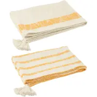 J-Line Plaid stripes+tassels cotton white/orange assortment of 2