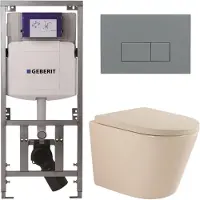 Geberit QeramiQ Dely Toiletset - 36.3x51.7cm - diepspoel - rimless - UP320 inbouwreservoir - softclose toilet zitting 35mm - bedieningsplaat licht grijs - rechthoekige knoppen - mat beige