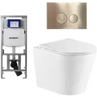 Geberit QeramiQ Dely Toiletset - 36.3x51.7cm - diepspoel - rimless - UP320 inbouwreservoir - met Burda frame - softclose toiletzitting - geborsteld messing bedieningsplaat - ronde knoppen - wit glans