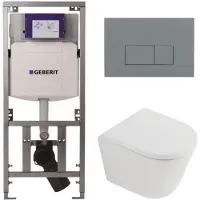 Geberit QeramiQ Dely Toiletset - 36.3x51.7cm - diepspoel - rimless - UP320 inbouwreservoir - softclose toilet zitting - 35mm - bedieningsplaat licht grijs - rechthoekige knoppen - mat wit