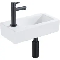 Qeramiq Fuente Fonteinset - 37.5x18.5x9cm - keramiek - kraangat links - fonteinkraan zwart mat - afvoerplug - verlaagd sifon - Mat wit SW1122450/SW696205/SW696215/SW696235