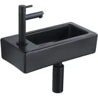Qeramiq Fuente Fonteinset - 37.5x18.5x9cm - keramiek - kraangat links - fonteinkraan zwart mat - afvoerplug - verlaagd sifon - Mat Zwart SW1122451/SW696205/SW696215/SW696235